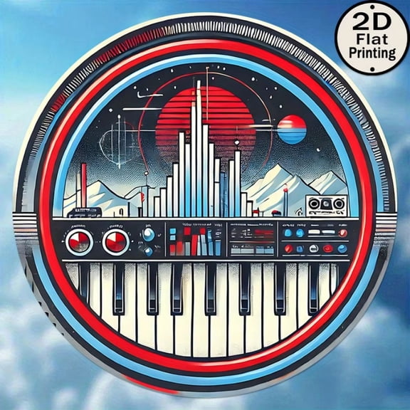 HELLOYOUNG Metal Wall Art Retro Futuristic Synthesizer Decor Blue Red Cityscape Music Tech Gift for Home Office Cafe Wall Decor