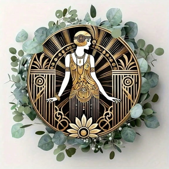 HELLOYOUNG Metal Wall Art Roaring 20s Round Aluminum Sign, Vintage Golden Floral Decor for Indoor and Outdoor Home Garden