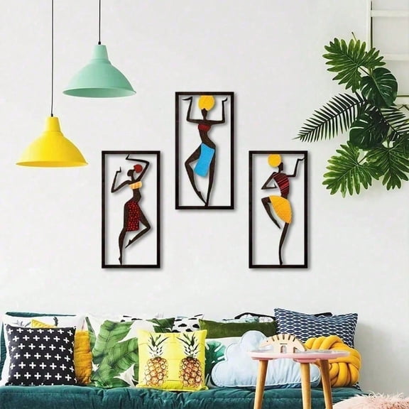 HELLOYOUNG Metal Wall Art Sculpture Iron Geometric Decor for Living Room Hallway - 3D Modern Metalwork Panel Set Black