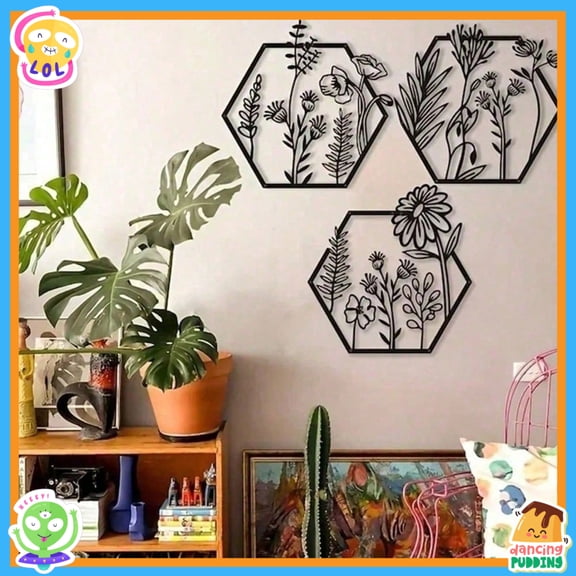 HELLOYOUNG Metal Wall Art Set 3-Piece Hexagon Decorative Wall Panels Botanical Rustproof Farmhouse Decor for Living Room Bathroom, Easy Install Holiday Gift