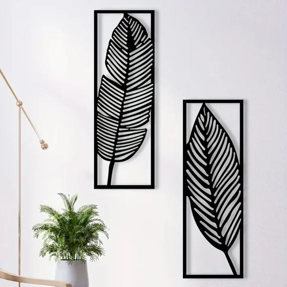 HELLOYOUNG Metal Wall Art Set of 2, Black Iron Leaf Sculpture Modern Home Decor, Indoor Wall Hanging for Living Room House Decor