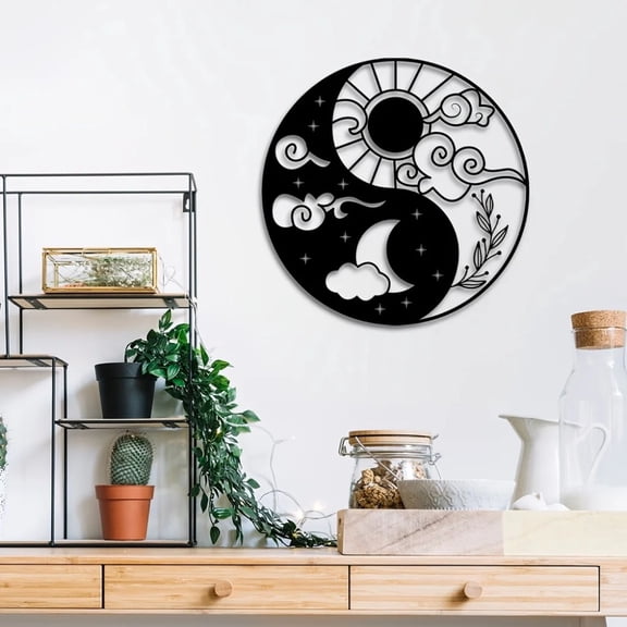 HELLOYOUNG Metal Wall Art Sun and Moon Decor Large Metal Wall Sculpture for Living Room Aesthetic Black Iron Decorations Modern Home Office Bedroom Unique Housewarming Gift