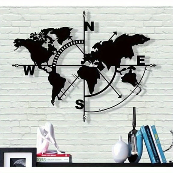 HELLOYOUNG Metal Wall Art World Map And Compass, Handmade Iron Art Retro Decoration, Travel Theme Plaque Maritime Home Decor, Unique Explorer GiftHome Decor Panels And Signage