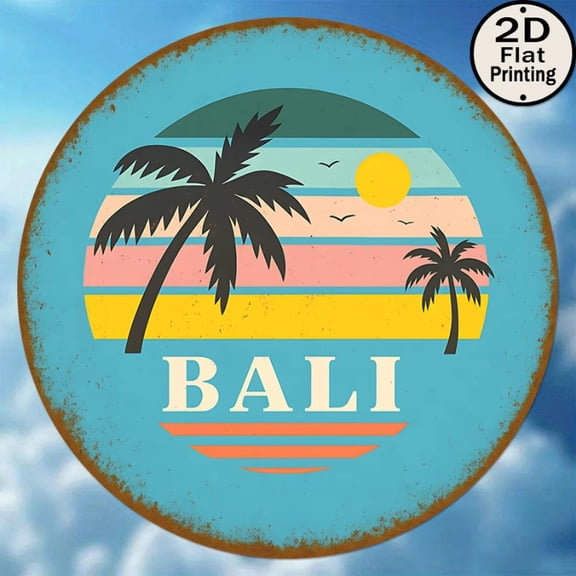 HELLOYOUNG Metal Wall Decor 8 Inch Round Tin Sign Vintage Sunset Palm Tree Art Tropical Coastal Beach Theme Wall Art for Home Office Cafe Bar