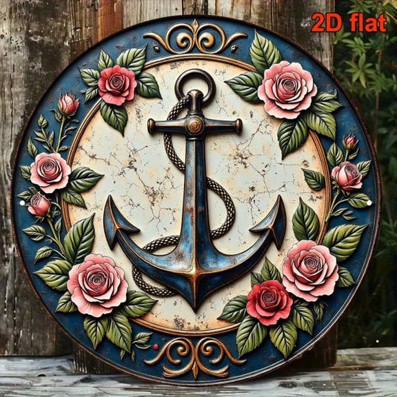 HELLOYOUNG Metal Wall Decor 8x8 Inch Blue Vintage Anchor Rose Aluminum Plaque with Golden Accents, Round Sign for Home Decor, Navy Wall Art