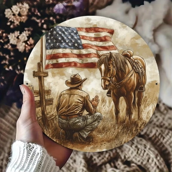 HELLOYOUNG Metal Wall Decor American Flag Tin Sign, Retro Western Cowboy Aluminum Art Patriotic Sign for Home Kitchen Office, Perfect Gift