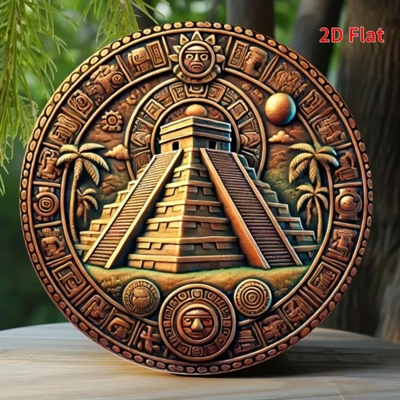 HELLOYOUNG Metal Wall Decor, Ancient Mayan Metal Sign with Hieroglyphs, 2D Round Mysterious Civilization Art for Home Office