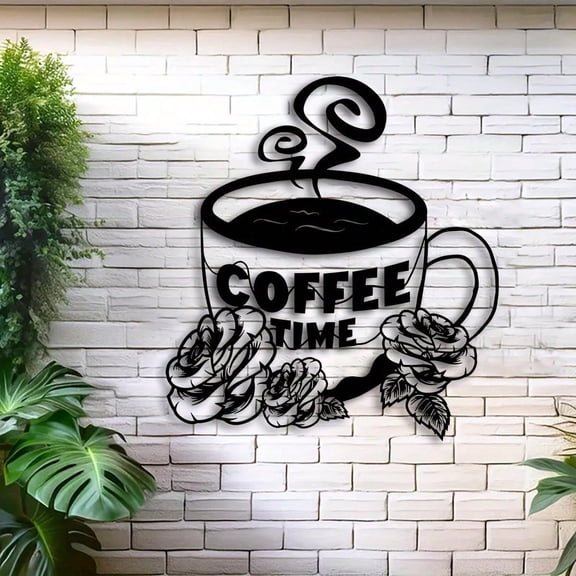 HELLOYOUNG Metal Wall Decor Art Deco 'Coffee Time' Iron Sign 14.3x15.7 Inch Modern Minimalist Laser-Cut Weather Resistant for Indoor Outdoor Home Gift Housewarming Patio Bathroom Kitchen Rustproof Du