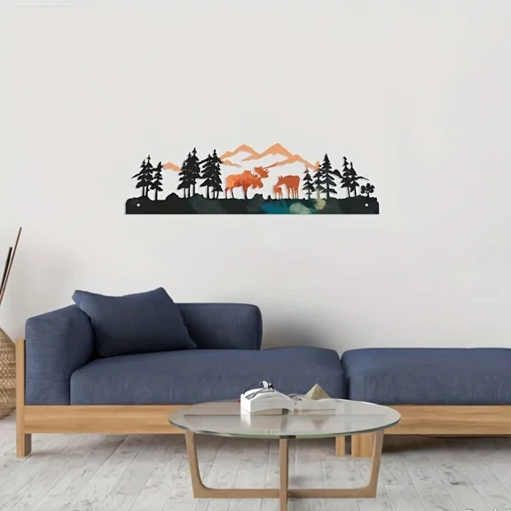 HELLOYOUNG Metal Wall Decor Forest Moose Wall Art for Living Room, Rustic Metal Crafts Home Decoration Interior Ornaments, Wall Stickers