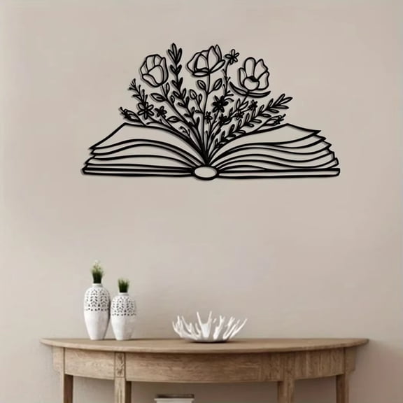 HELLOYOUNG Metal Wall Decor Sign Rustic Flower Book Art Panel | Floral Book Lover Gift for Library Home Decor Wall Mounted with Keyhole Hangers