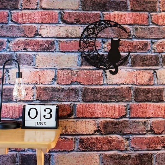 HELLOYOUNG Metal Wall Decor Statue, Cat and Moon Decorative Wall Panel Sculpture, Black Cat on Moon Wall Art for Home Decor, Gift for Cat Lovers
