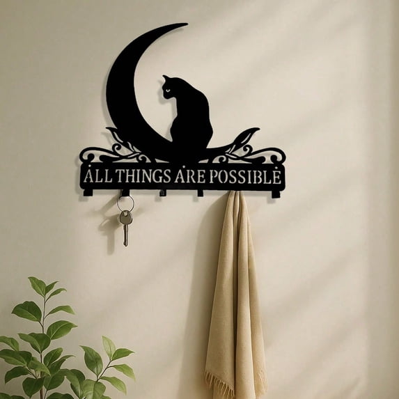 HELLOYOUNG Metal Wall Decor Statue Panel Black Cat Moon Metal Hook, Decorative Wall Mount Key Holder for Keys Towels Coats, Entryway Bedroom Bathroom Storage, Cute Halloween Christmas Gift