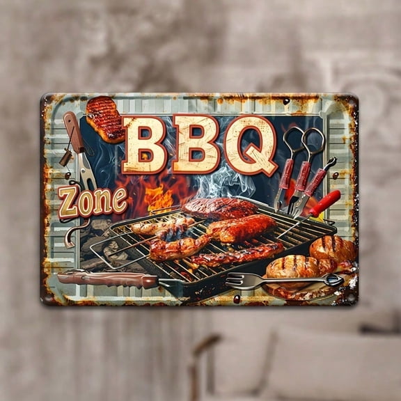 HELLOYOUNG Metal Wall Sign 12x8 Inch Vintage BBQ Zone Decor Retro Rustic Kitchen Garden Patio Wall Art Outdoor Indoor Hanging Plaque