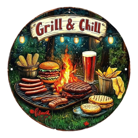 HELLOYOUNG Metal Wall Sign Round BBQ Grill Outdoor Decor for Home Bar Garage, Rustic Grill & Chill Wall Art, Weather-Resistant Hanging Sign
