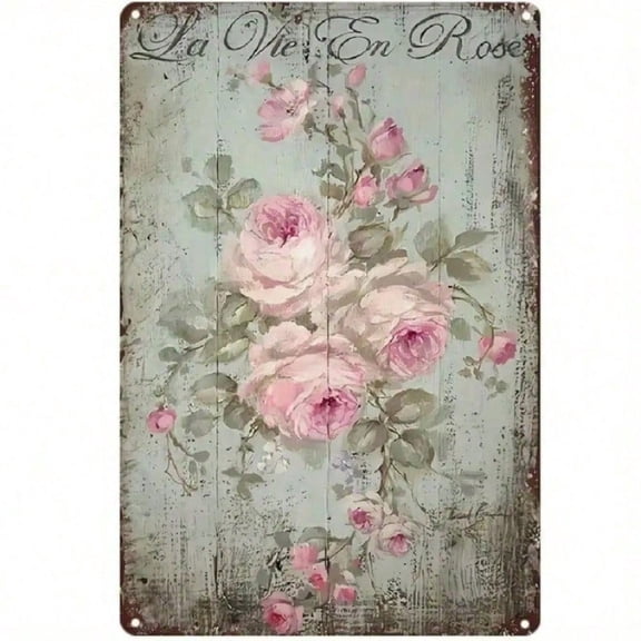 HELLOYOUNG Metal Wall Sign Vintage French Farmhouse Decor with Rustic Pink Roses Tin Art, Rustic Country Wall Art for Kitchen Home Garden Decor
