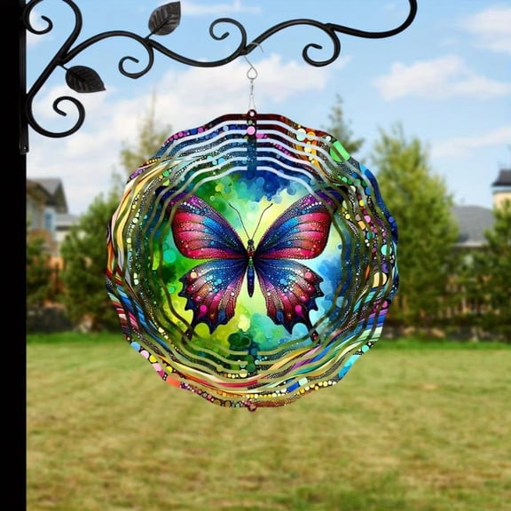 HELLOYOUNG Metal Wind Chime, 2D Butterfly Windmill with Colorful Spinner, Outdoor Garden Decor Hanging Sculpture for Patio Yard