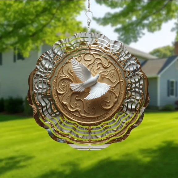 HELLOYOUNG Metal Wind Chime Flying White Dove with Golden Silver Background Hanging Decor for Nature Lovers, Ideal Gift for Christmas Easter Wedding