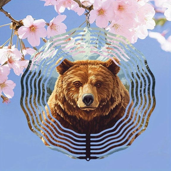 HELLOYOUNG Metal Wind Chime with Rotating Bear Design, Outdoor Wall Decor Soothing Wind Powered Sound, Handcrafted Brown Bear Garden Decor No Batteries Needed