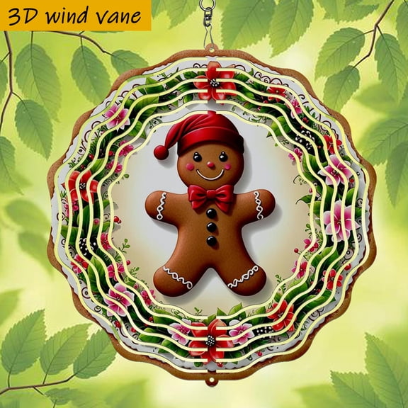 HELLOYOUNG Metal Wind Chimes, Gingerbread Man Wind Vane 10 Inch, 3D Rotating Christmas Outdoor Decor, Easy Install Holiday Wind Spinner, Halloween Yard Art Gift