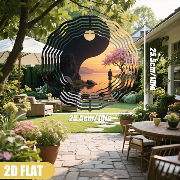 HELLOYOUNG Metal Wind Chimes Outdoor with Rotating Hooks, Zen Garden Wind Spinner Decor Sunset Lake View Yin Yang Design for Courtyard Wedding Patio Durable Asian Landscape Art Hanging Decoration