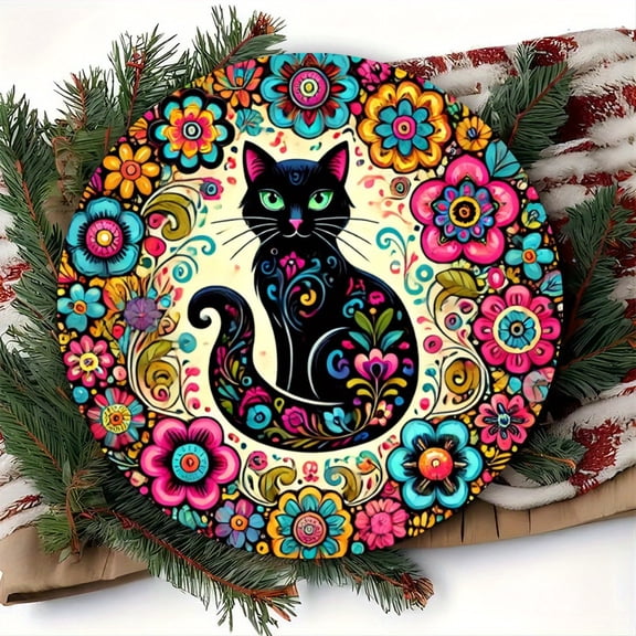 HELLOYOUNG Mexican Day of the Dead Cat Metal Sign - Floral Wreath Round Iron Art for Home Cafe Office Garden Restaurant, Colorful Gift**