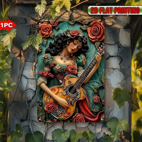 HELLOYOUNG Mexican Folk Art Iron Wall Decor Guitar and Roses Sign 8x12 Inch Waterproof Indoor Outdoor Decorative Plate for Festival Home