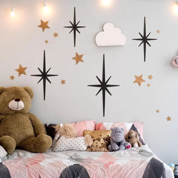 HELLOYOUNG Mid-Century Style 4 Pcs Ironwork Star Wall Decor Octagonal Atomic Stars Plaques & Signs Easy To Hang, Rustic Metal Art for Indoor Outdoor Use