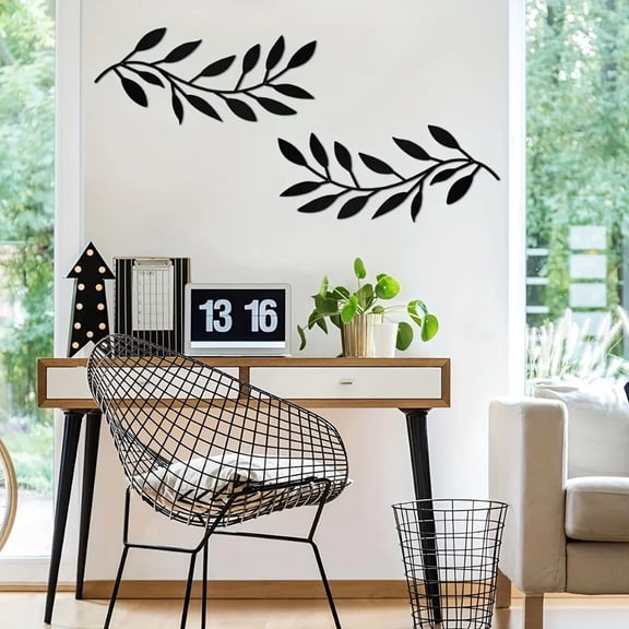 HELLOYOUNG Modern Iron Branch Wall Art 3D Leaf Sculpture for Living Room Home Office Decor Black Gold Finish Accessories for Home Decor