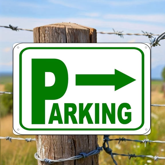 HELLOYOUNG Modern Metal Parking Sign with Green Arrow, 2D Flat Iron Directional Tin Sign 8x12 for Outdoor Wall, Durable Rustproof Decor