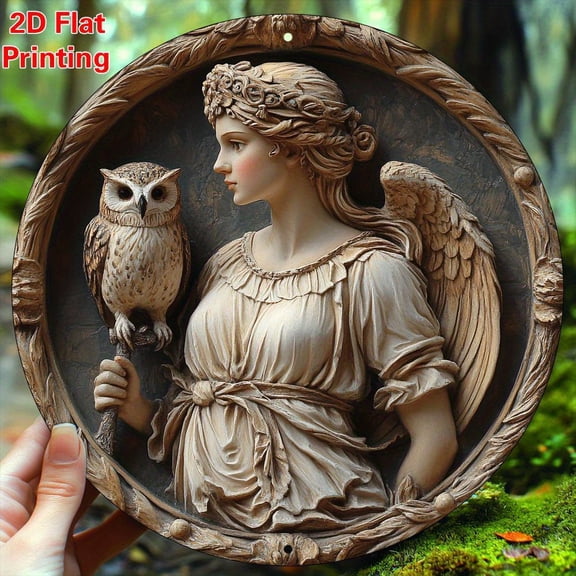 HELLOYOUNG Modern Metal Wall Art, 8x8 Inch Circular Owl & Athena Aluminum Sign, Rustproof Home Office Garden Decor Gift
