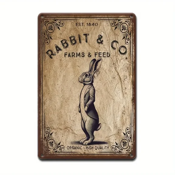 HELLOYOUNG Modern Tinplate ArtEaster Bunny Metal Sign - "Rabbit & Co. Farms & Feed" | Rustic Iron Wall Art for Outdoor, Garden Decor