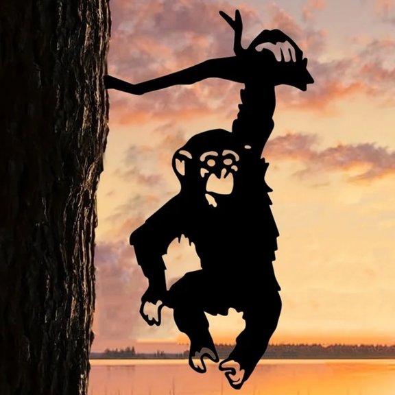 HELLOYOUNG Monkey on A Branch Garden Stake, Rustproof Metal Yard Art, Cute Silhouette Outdoor Statue for Patio Lawn & Home Decor