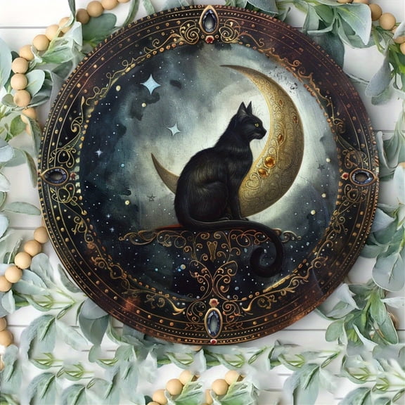 HELLOYOUNG Moonlight Cat Metal Wall Art 8x8 Inch, Retro Vintage Decor with Golden Star & Crescent for Indoor Outdoor, Home Cafe Garage Decor Sign