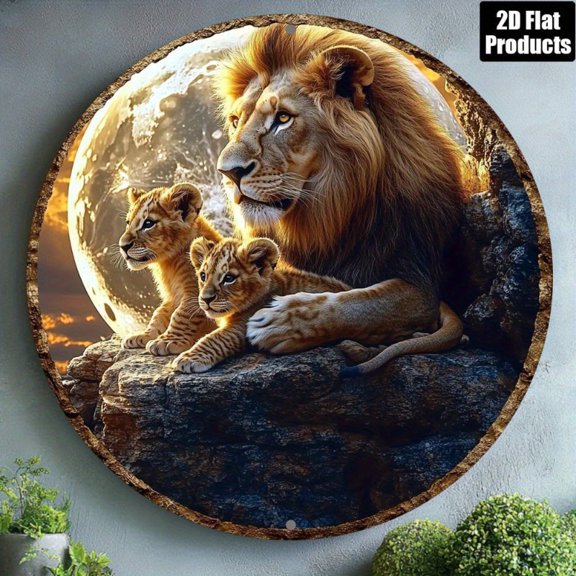 HELLOYOUNG Moonlit Lion Family Circle Metal Wall Art, 8x8 Inch Aluminum Sign for Home Decor Living Room Bedroom Rustic Artwork