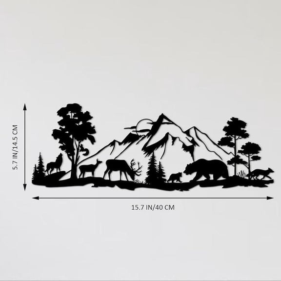 HELLOYOUNG Mountain Forest Animal Metal Wall Art, 3D Nature Landscape Hanging Decor, Large Iron Sculpture for Living Room Bedroom Home Decor, Unique Black Metal Wall Hangings