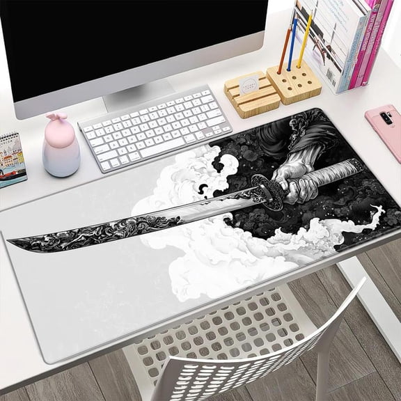 HELLOYOUNG Mouse Pad Large Gaming, Non-Slip Lock Edge Desk Mat with Japanese Samurai Sword Pattern, Extended Keyboard Mouse Pad for Home Office Computer Desktop