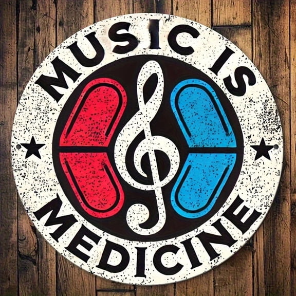 HELLOYOUNG Music Is Medicine Metal Sign 8x8 Inch Tin Wall Art, Red Blue Treble Clef Note Decor, Fade-Resistant Indoor Outdoor Hanging Plaque for Home Studio Gift