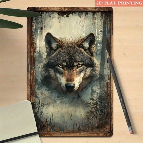 HELLOYOUNG Mystical Wolf Metal Wall Art 2D Flat 8x12 Inch, Vintage Iron Forest Sign for Man Cave Study Room Decor, Unique Gift for Men