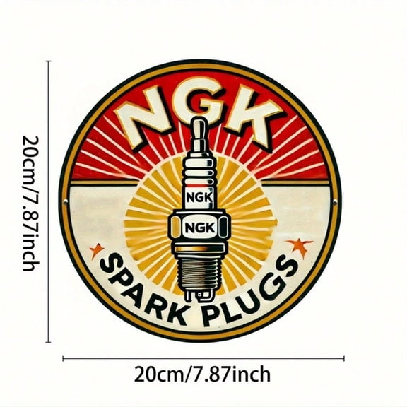HELLOYOUNG NGK Spark Plugs Metal Sign 20x20cm Round Tin Poster Wall Art for Kitchen Bar Garage, Rustproof Easy To Hang, Unique Gift for Car Lovers