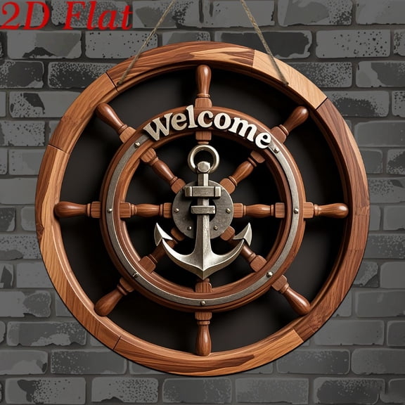HELLOYOUNG Nautical Anchor Wooden Sign 2D Flat Ship Wheel Wall Decor for Living Room Nautical Theme Hanging Plaque