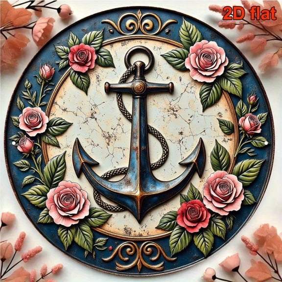 HELLOYOUNG Nautical Blue Anchor Rose Metal Art Sign, Chic Aluminum Wall Decor for Home Bars Coastal Spaces, Rustic Vintage Tin Sign