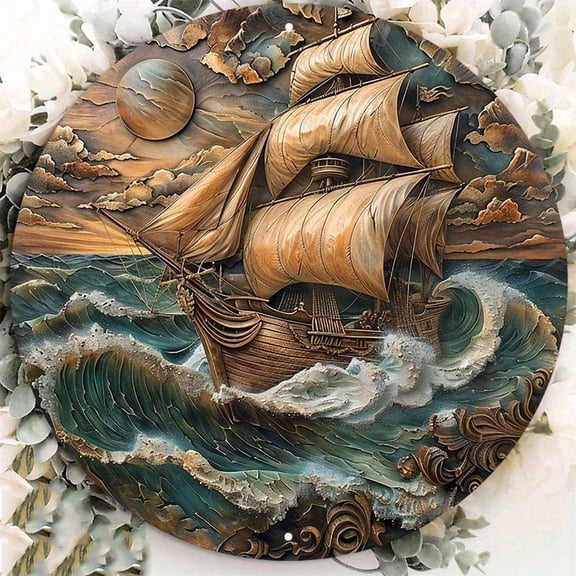 HELLOYOUNG Nautical Ship Metal Wall Art Sign - Round Aluminum Decor for Home, Rustproof Coastal Hanging Plaque