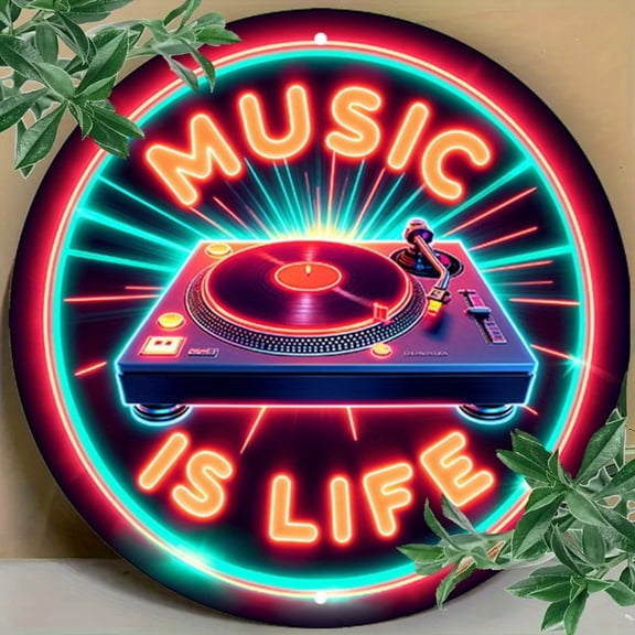 HELLOYOUNG 2D Music Sign Wall Art, 7.87" Round DJ Vinyl Record Light Sign for Bedroom, Garage, Man Cave, Party, Wall Decor