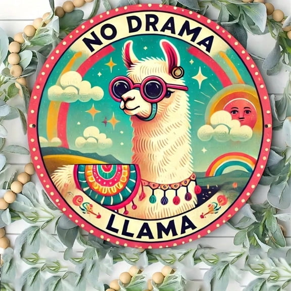 HELLOYOUNG No Drama Llama Camel Colorful Round Aluminum Wall Art 8x8 Inch 2D Flat Metal Sign Indoor Outdoor Patio Home Garden Decor Funny