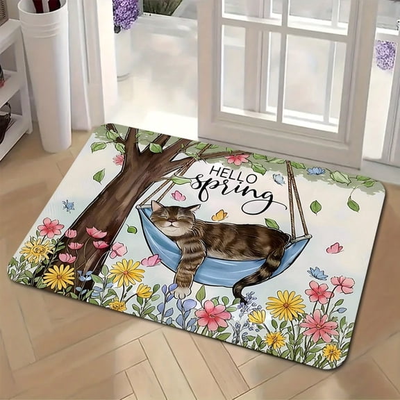 HELLOYOUNG Non-Slip Hello Spring Sleeping Cat Door Mat, Machine Washable Area Rug for Kitchen Bathroom Bedroom Indoor Entryway High Traffic, No Fading
