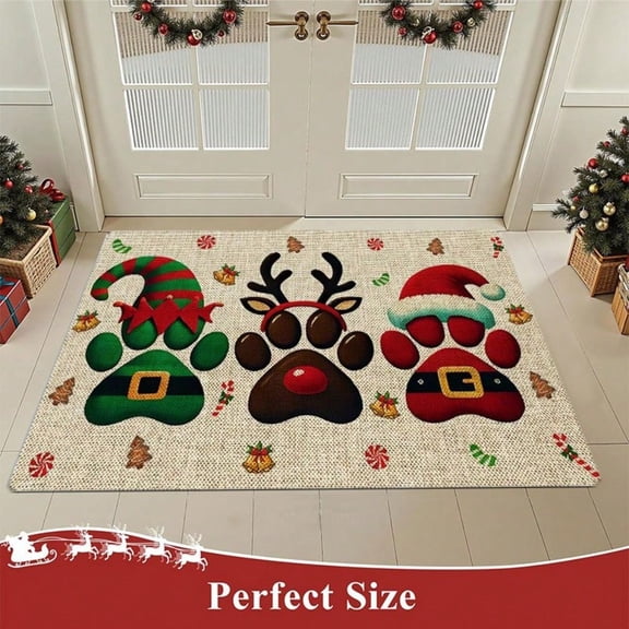 HELLOYOUNG Non-Slip Indoor Welcome Mat Flannel Dog Paw Print with Elf Hat Reindeer Antlers Santa Hat, Easy Clean Comfortable Floor Mat for Bedroom Living Room Entryway