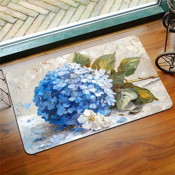 HELLOYOUNG Non-Slip Quick Dry Diatom Mud Door Mat, Absorbent Indoor Entryway Rug with Hydrangea Print, Washable Flat Weave for Kitchen Living Room Bedroom