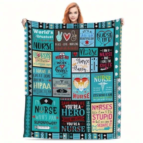 HELLOYOUNG Nurse Blanket Extra Soft Flannel Medical Throw Stethoscope Design Nursing Phrases All-Season Cozy Gift for Nurses Nursing Students Healthcare Workers Hospital Home Travel