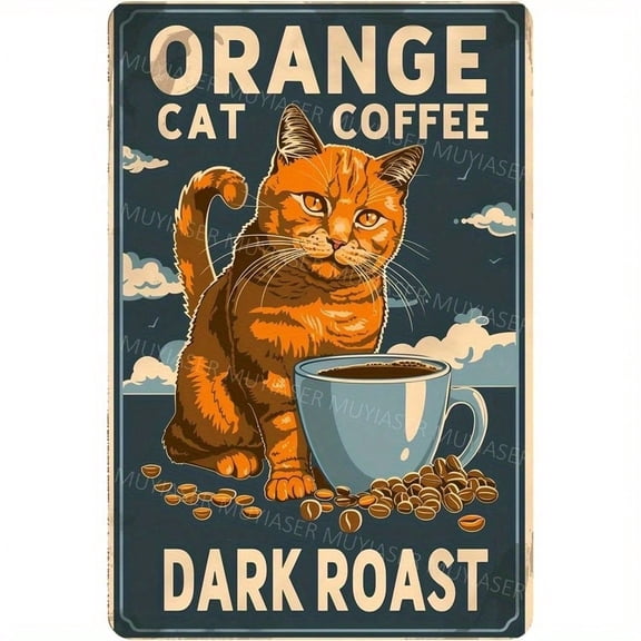 HELLOYOUNG Orange Cat Vintage Metal Tin Sign Retro Aluminum Wall Decor 8x12 Inch Funny Kitchen Coffee Cafe Dark Roast Bar Home