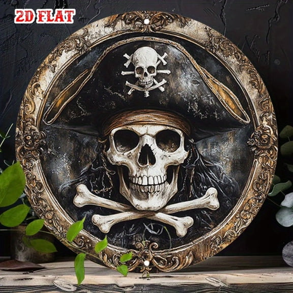 HELLOYOUNG Ornate Pirate Skull Round Tin Sign Metal Wall Art Vintage Bar Decor for Man Cave 7.8x7.8 Inch